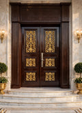 Dark Walnut Gloss Panelled Deodar Luxury Double Doors with Transom – handcrafted solid wood by Six Bros Crafts