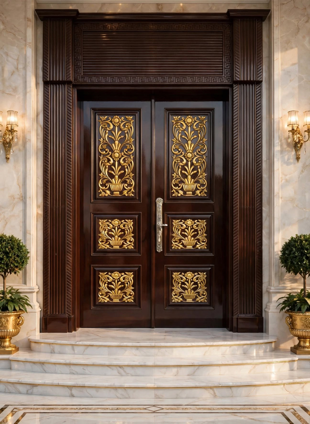 Dark Walnut Gloss Panelled Deodar Luxury Double Doors with Transom – handcrafted solid wood by Six Bros Crafts