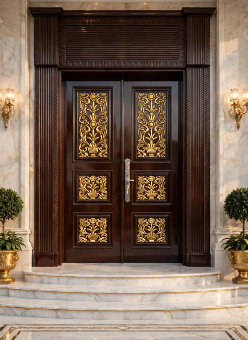 Dark Walnut Gloss Panelled Deodar Luxury Double Doors with Transom – handcrafted solid wood by Six Bros Crafts