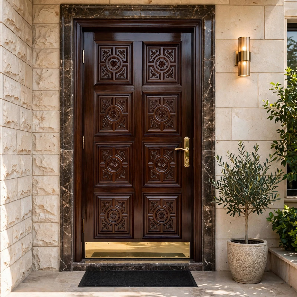 Royal Rosette Carved Luxury Single Wooden Door – handcrafted solid wood by Six Bros Crafts