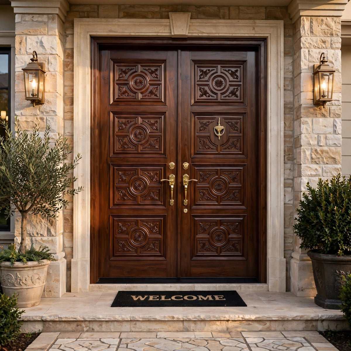 Royal Rosette Carved Luxury Double Wooden Doors – handcrafted solid wood by Six Bros Crafts