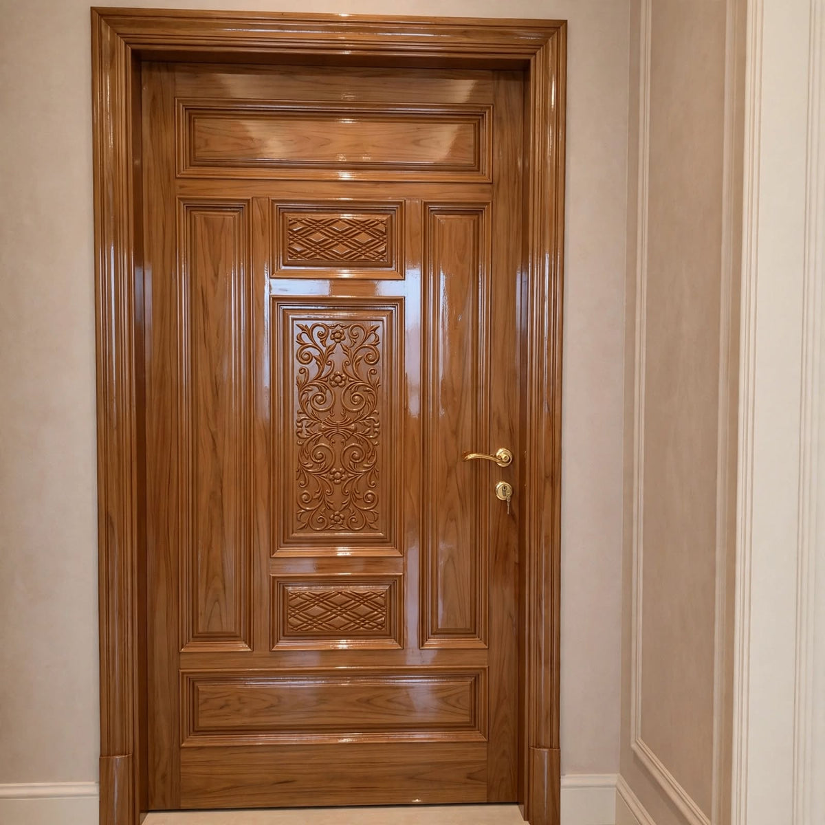 Florentine Floral Carved Luxury Single Wooden Door – handcrafted solid wood by Six Bros Crafts