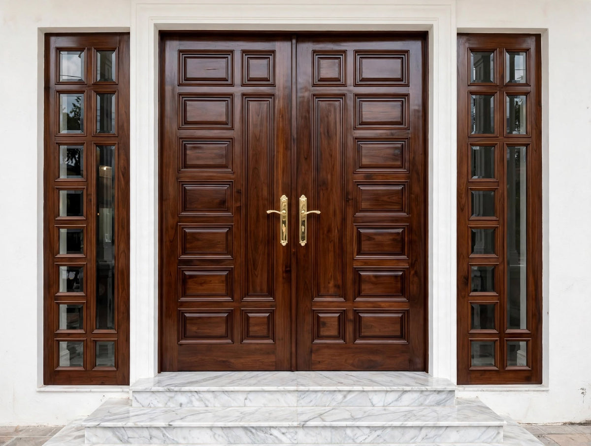 Grand Rectangular Panel Luxury Double Wooden Doors – handcrafted solid wood by Six Bros Crafts