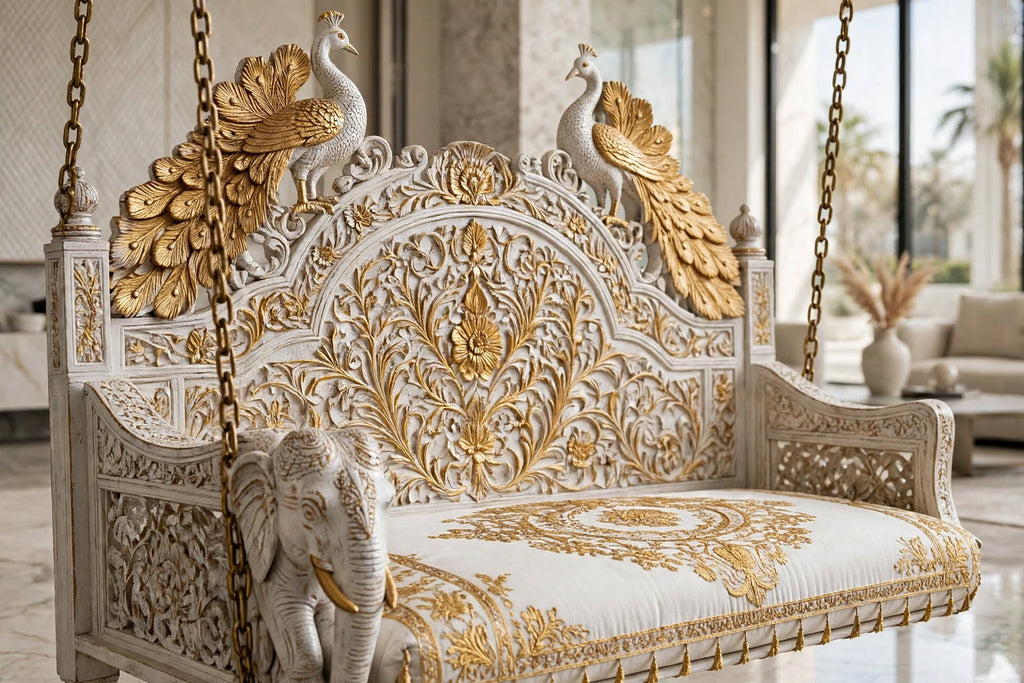 Royal Peacock Carved Sheesham Swing (Jhula) – additional view, handcrafted by Six Bros Crafts