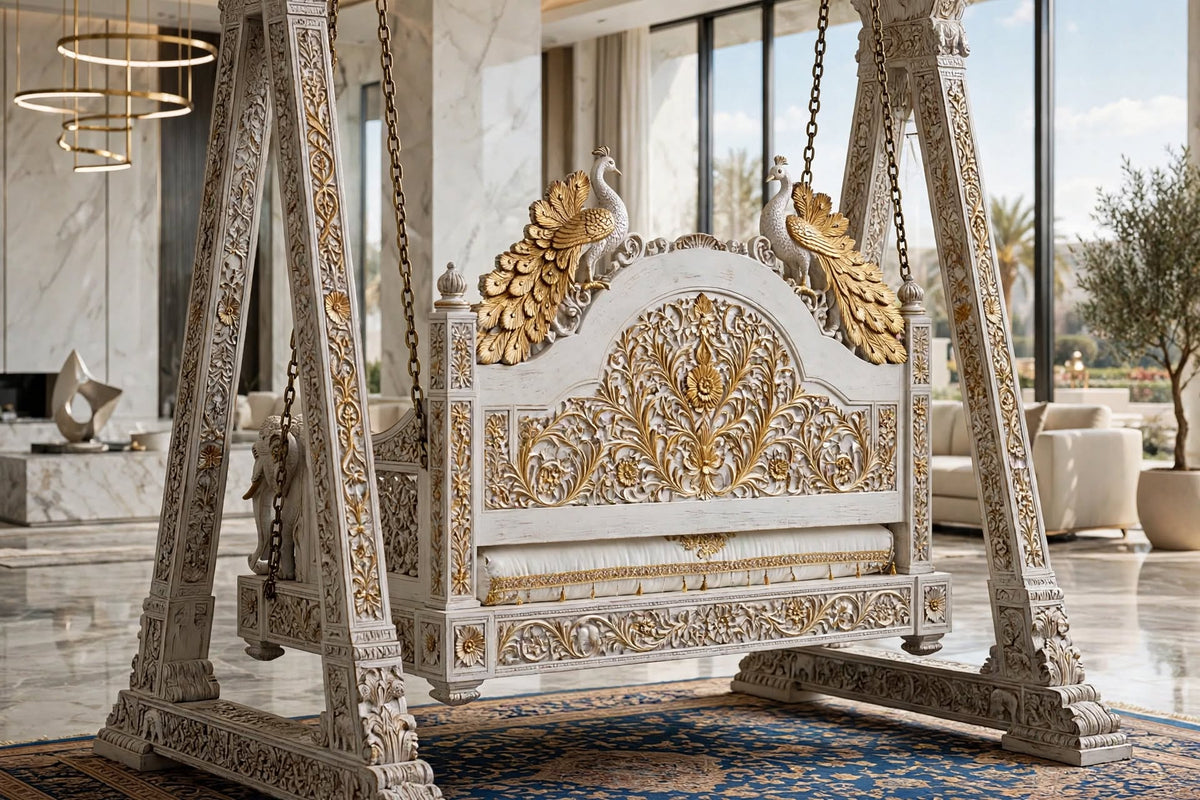 Royal Peacock Carved Sheesham Swing (Jhula) – additional view, handcrafted by Six Bros Crafts