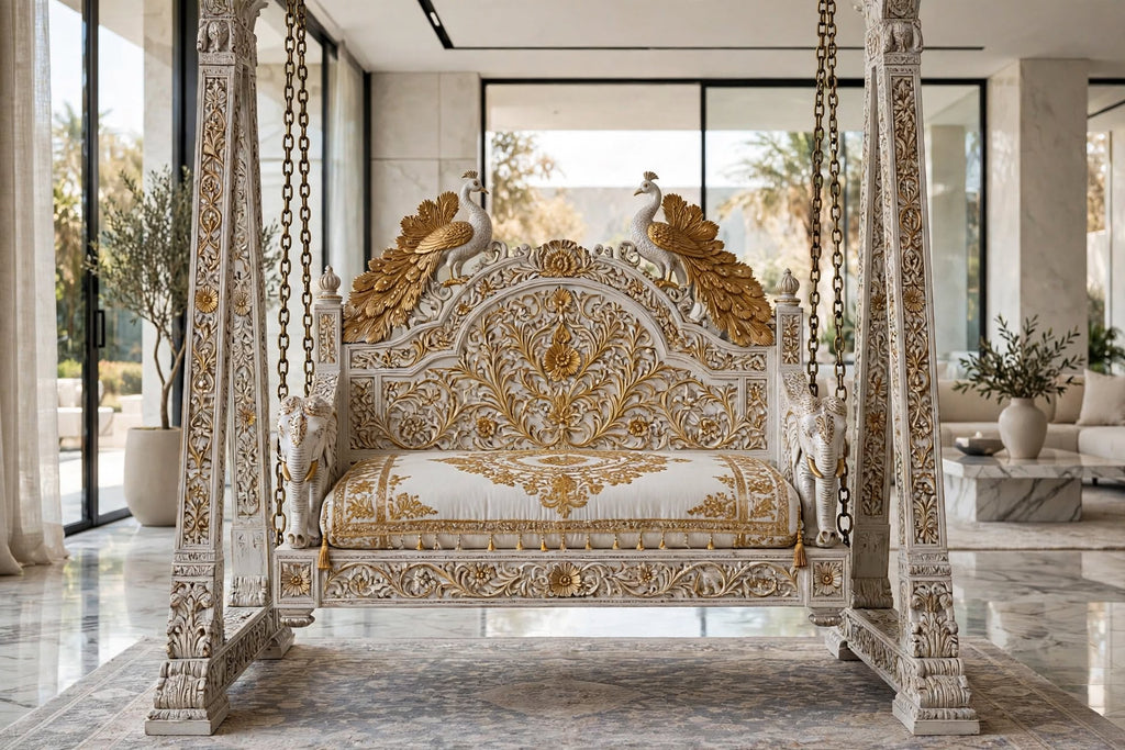 Royal Peacock Carved Sheesham Swing (Jhula) – additional view, handcrafted by Six Bros Crafts