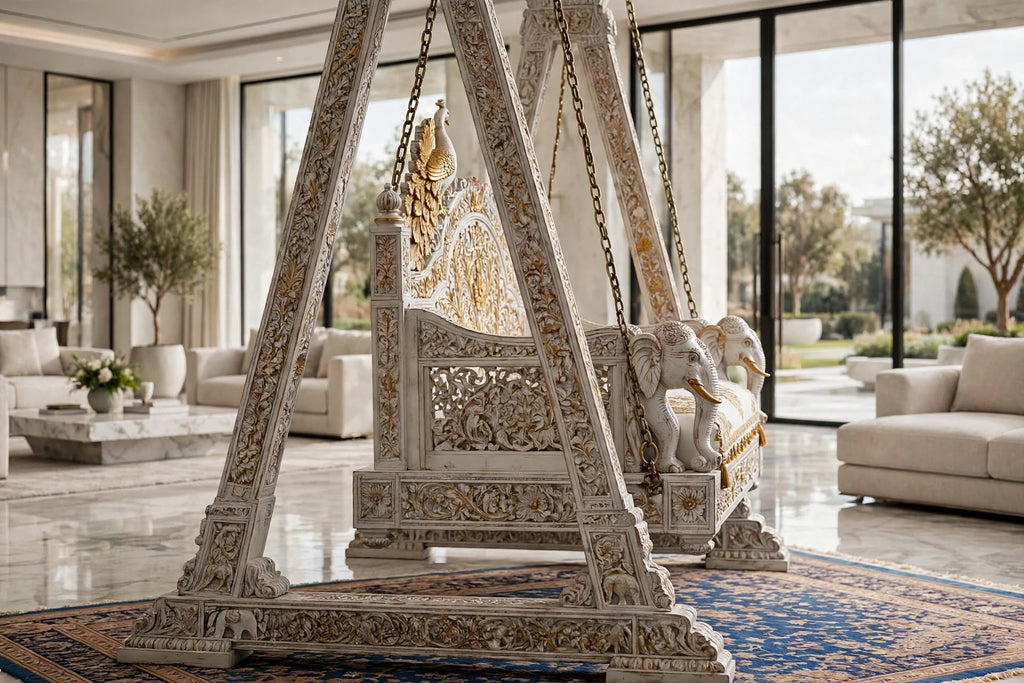 Royal Peacock Carved Sheesham Swing (Jhula) – handcrafted by Six Bros Crafts