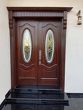 Oval Stained Glass Deodar Luxury French Double Doors – handcrafted solid wood by Six Bros Crafts