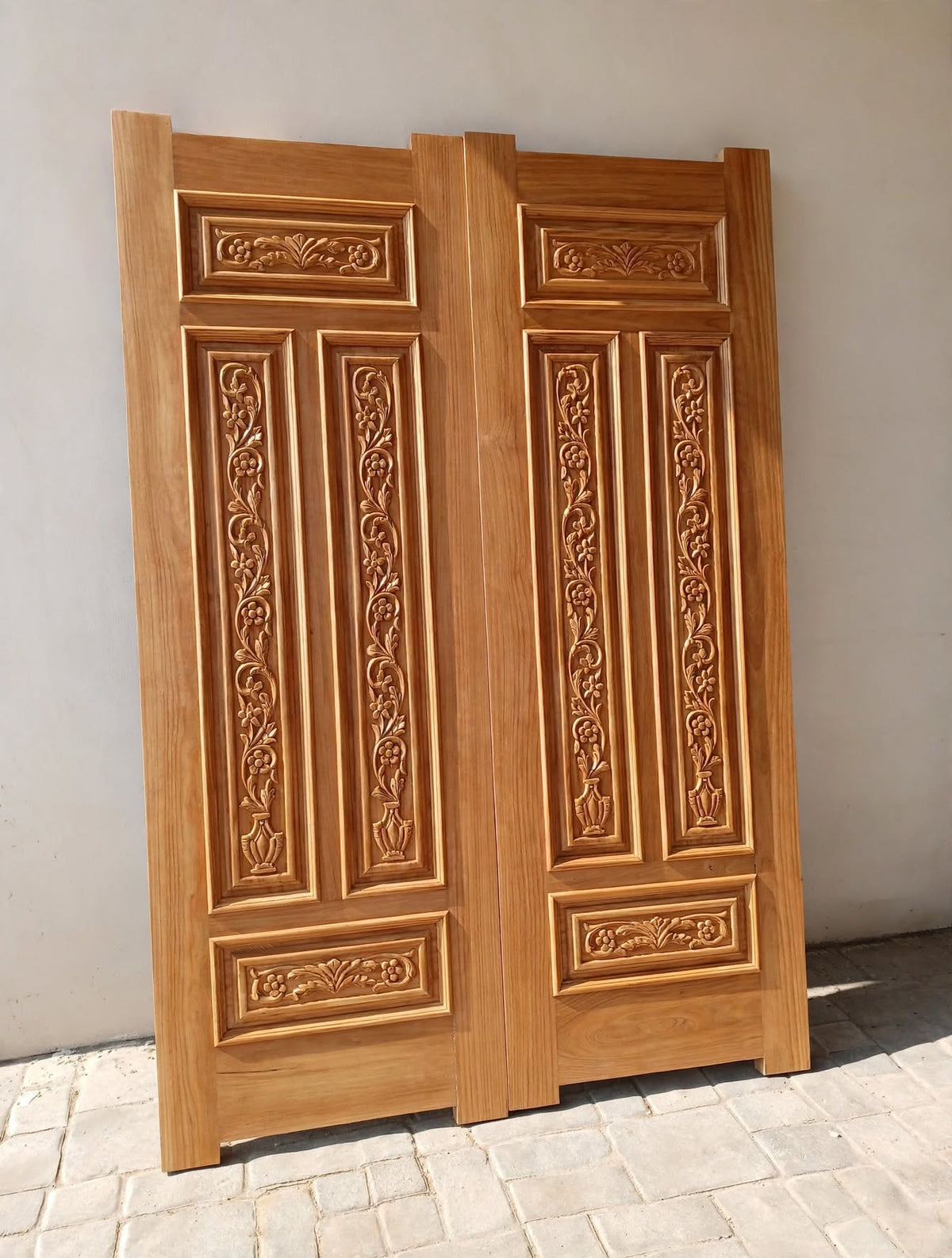 Natural Vine Carved Deodar Luxury Double Wooden Doors – handcrafted solid wood by Six Bros Crafts