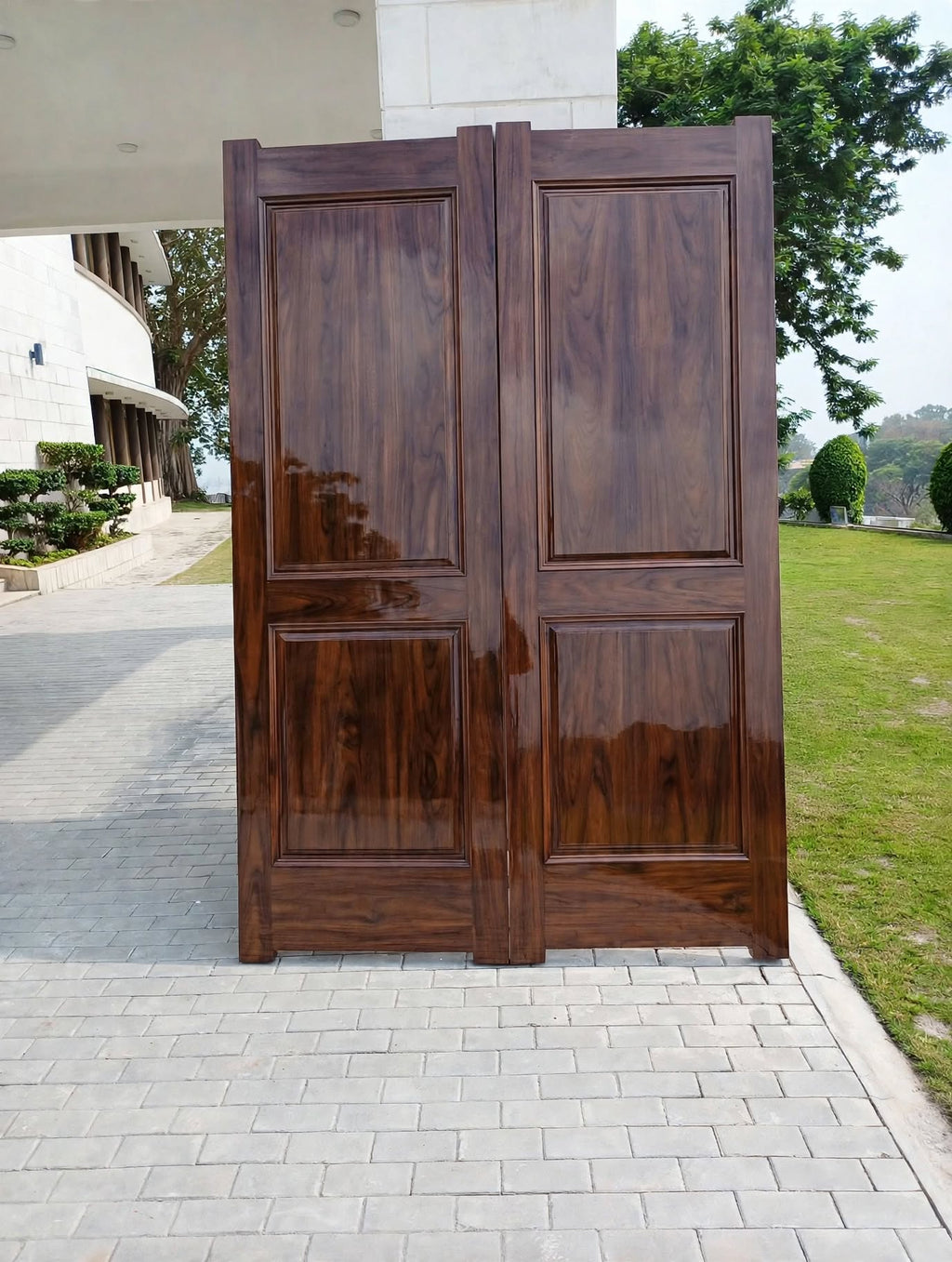 Walnut Gloss Double Deodar Door – handcrafted solid wood by Six Bros Crafts