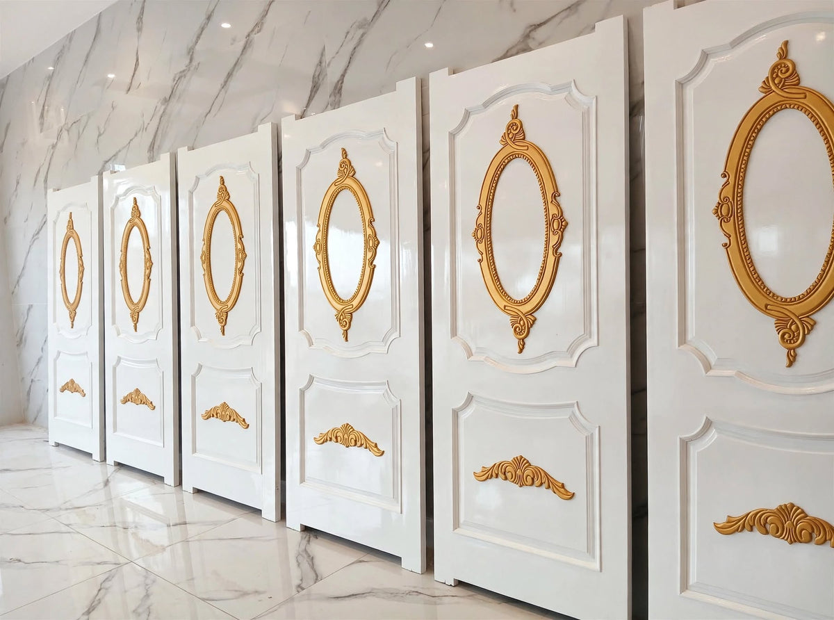 Gloss White & Gold Ornate Deodar Luxury Single Wooden Door – handcrafted solid wood by Six Bros Crafts