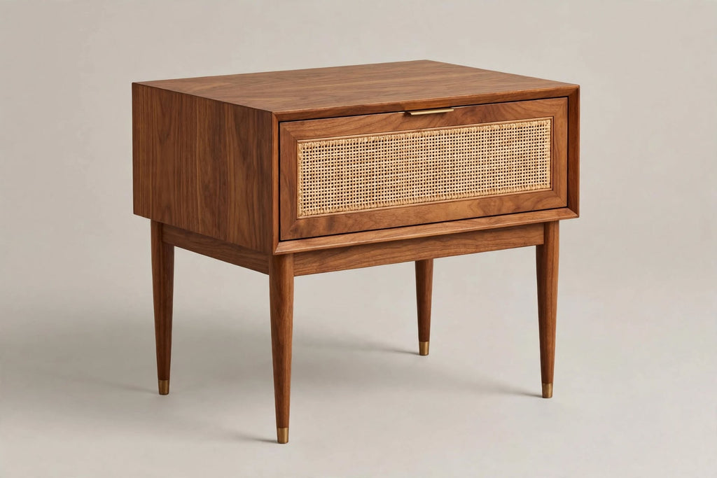 Warm Wood Cane-Front Drawer Side Table – part of The Peacock Bedroom Set