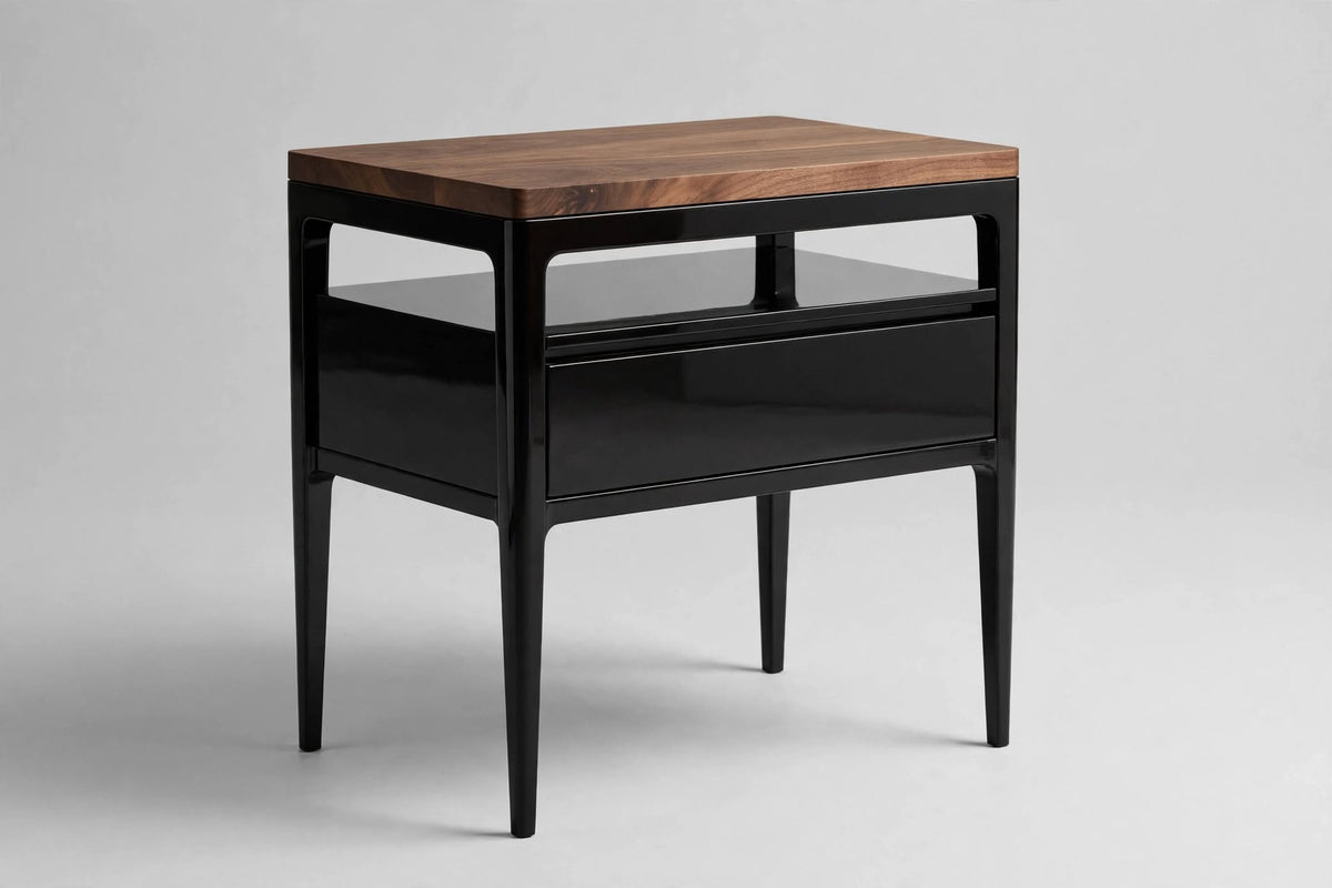 Black Open-Shelf Side Table with Wooden Top – handcrafted by Six Bros Crafts