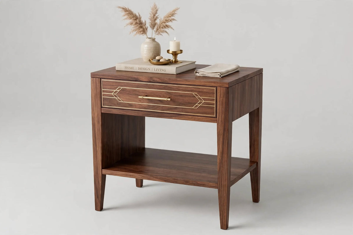 Walnut Geometric Drawer Side Table – handcrafted by Six Bros Crafts