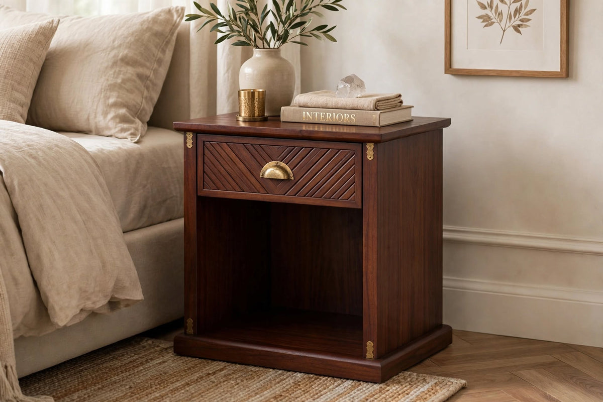 Dark Wood Chevron-Front Bedside Table – handcrafted by Six Bros Crafts