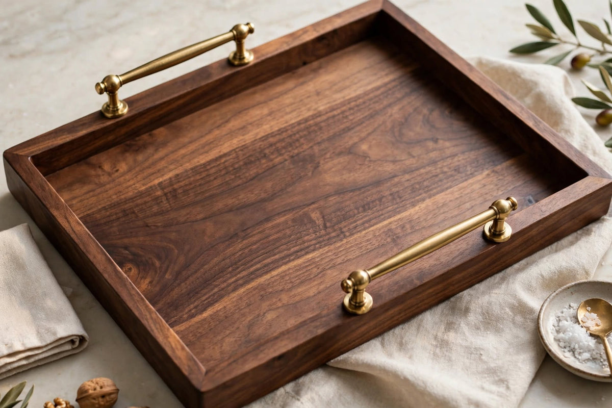 Wooden Serving Tray with Brass-Tone Handles – handcrafted by Six Bros Crafts