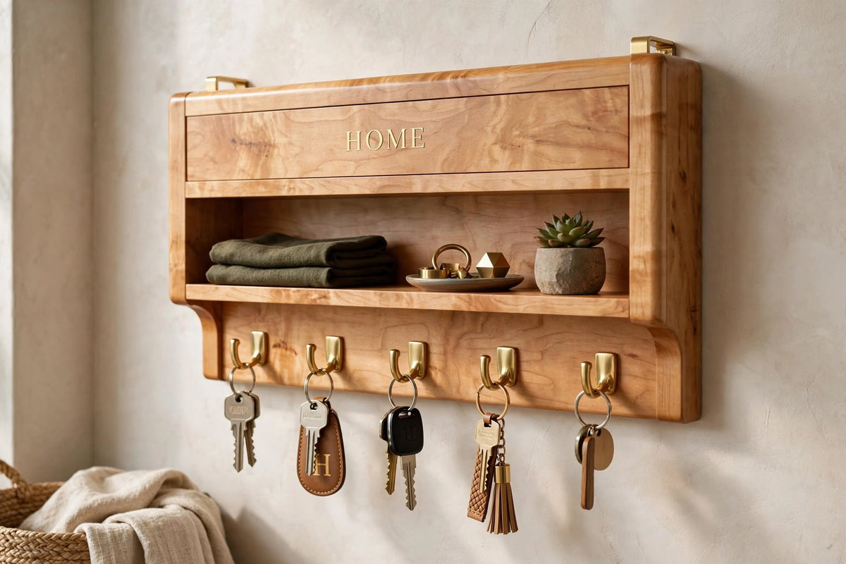 Wall-Mounted Wooden Key Holder with Shelf – handcrafted by Six Bros Crafts