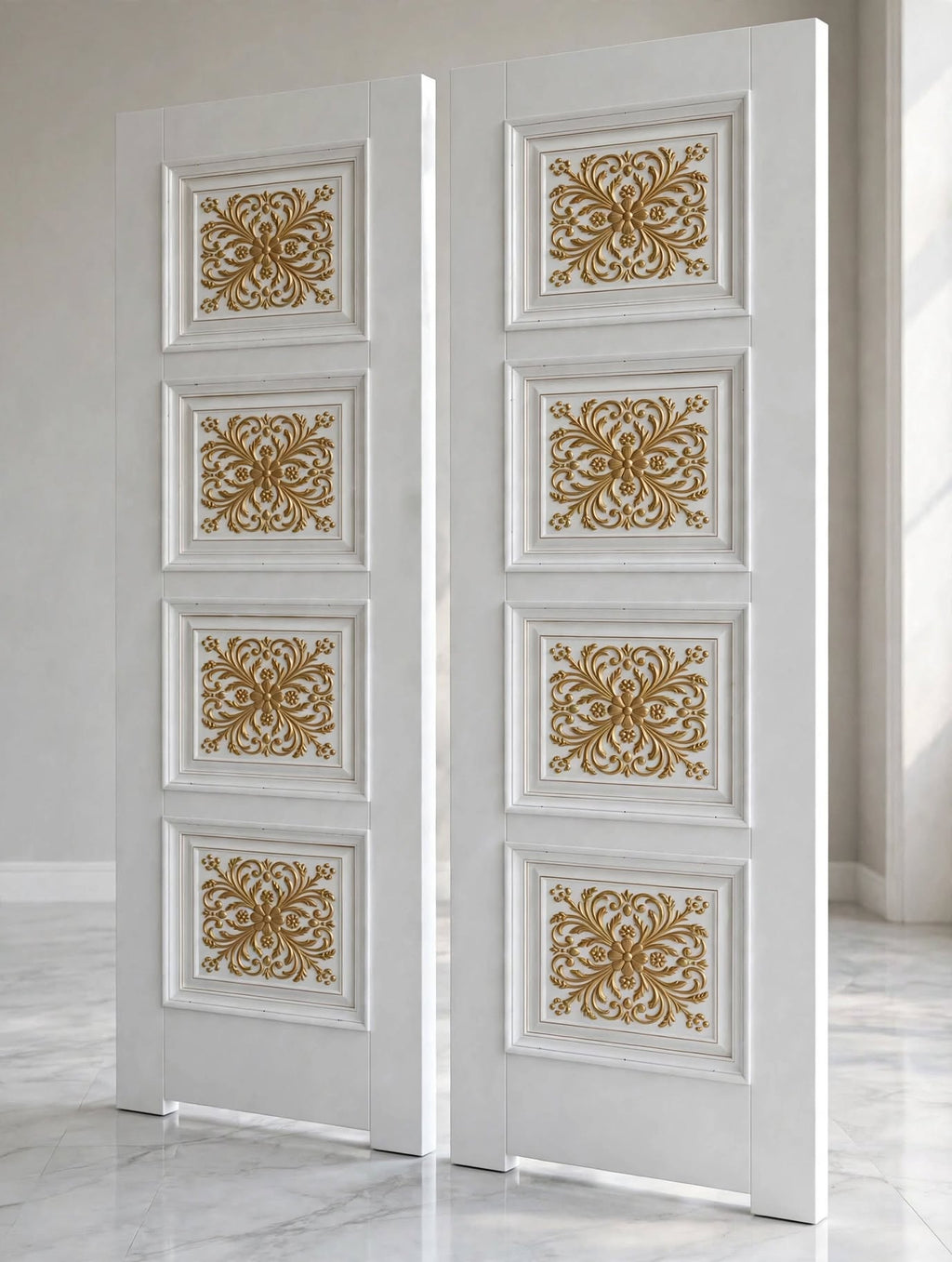 Ivory & Gold Leaf Carved Double Deodar Doors – additional view, handcrafted solid wood by Six Bros Crafts