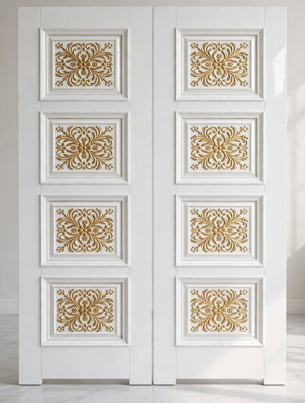 Ivory & Gold Leaf Carved Double Deodar Doors – handcrafted solid wood by Six Bros Crafts