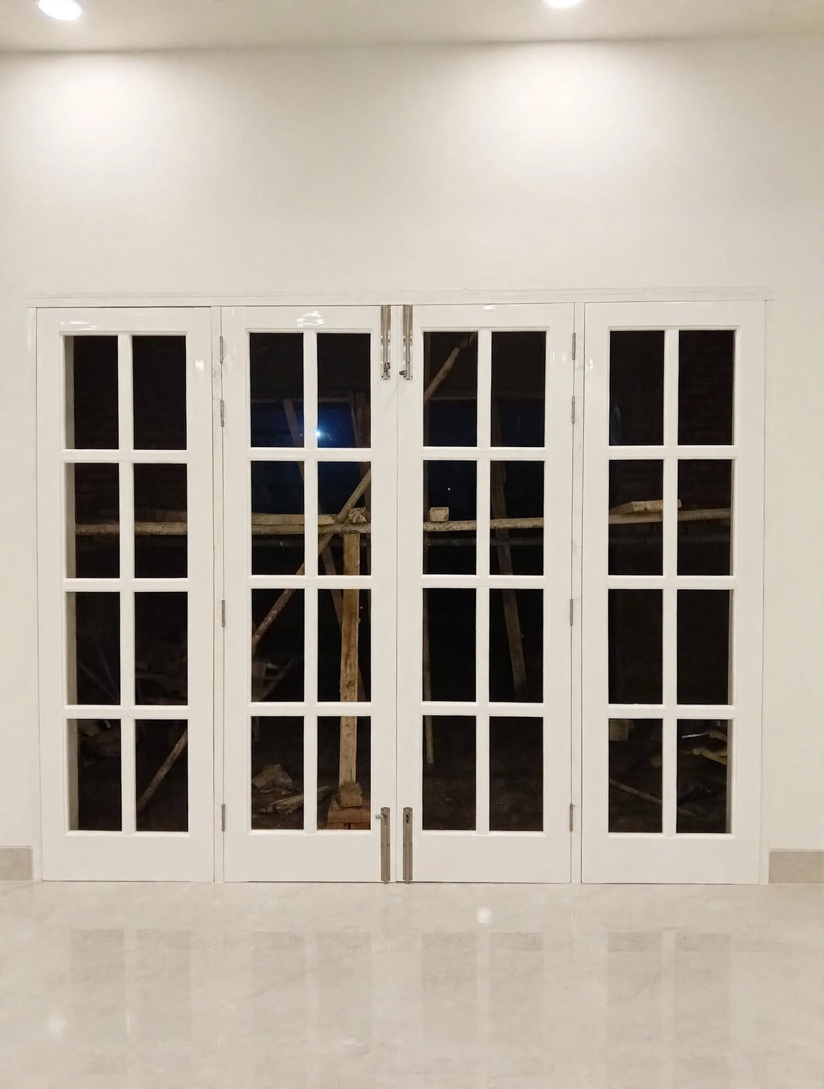 Colonial White 8-Pane Deodar Luxury French Folding Doors – handcrafted solid wood by Six Bros Crafts