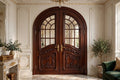 Arched Stained Glass Deodar Luxury French Double Doors with Side Windows – handcrafted solid wood by Six Bros Crafts
