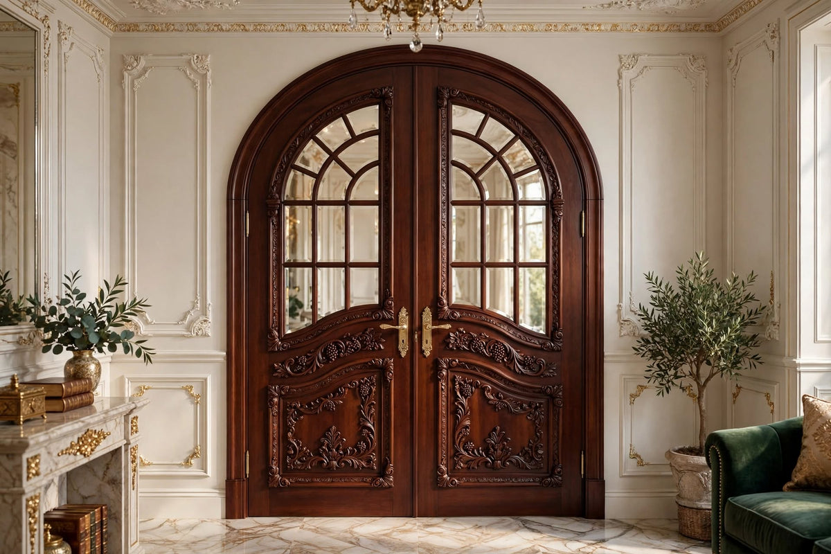 Arched Stained Glass Deodar Luxury French Double Doors with Side Windows – handcrafted solid wood by Six Bros Crafts
