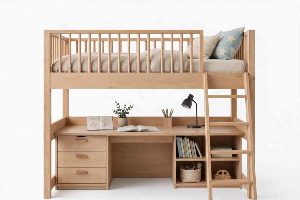 Natural Wood Children's Loft Bed with Study Desk – handcrafted by Six Bros Crafts