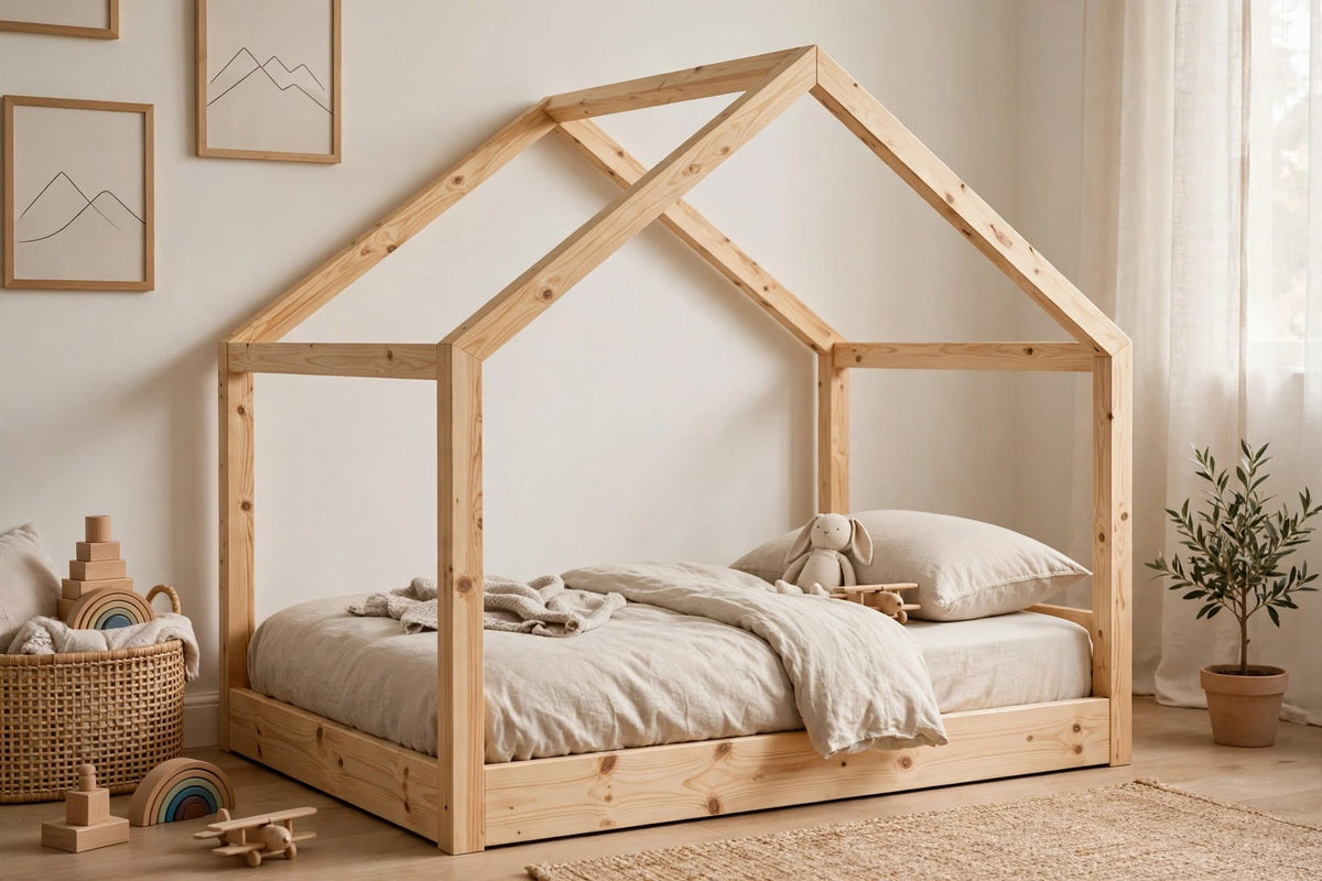 Natural Wood House-Frame Children's Bed – handcrafted by Six Bros Crafts