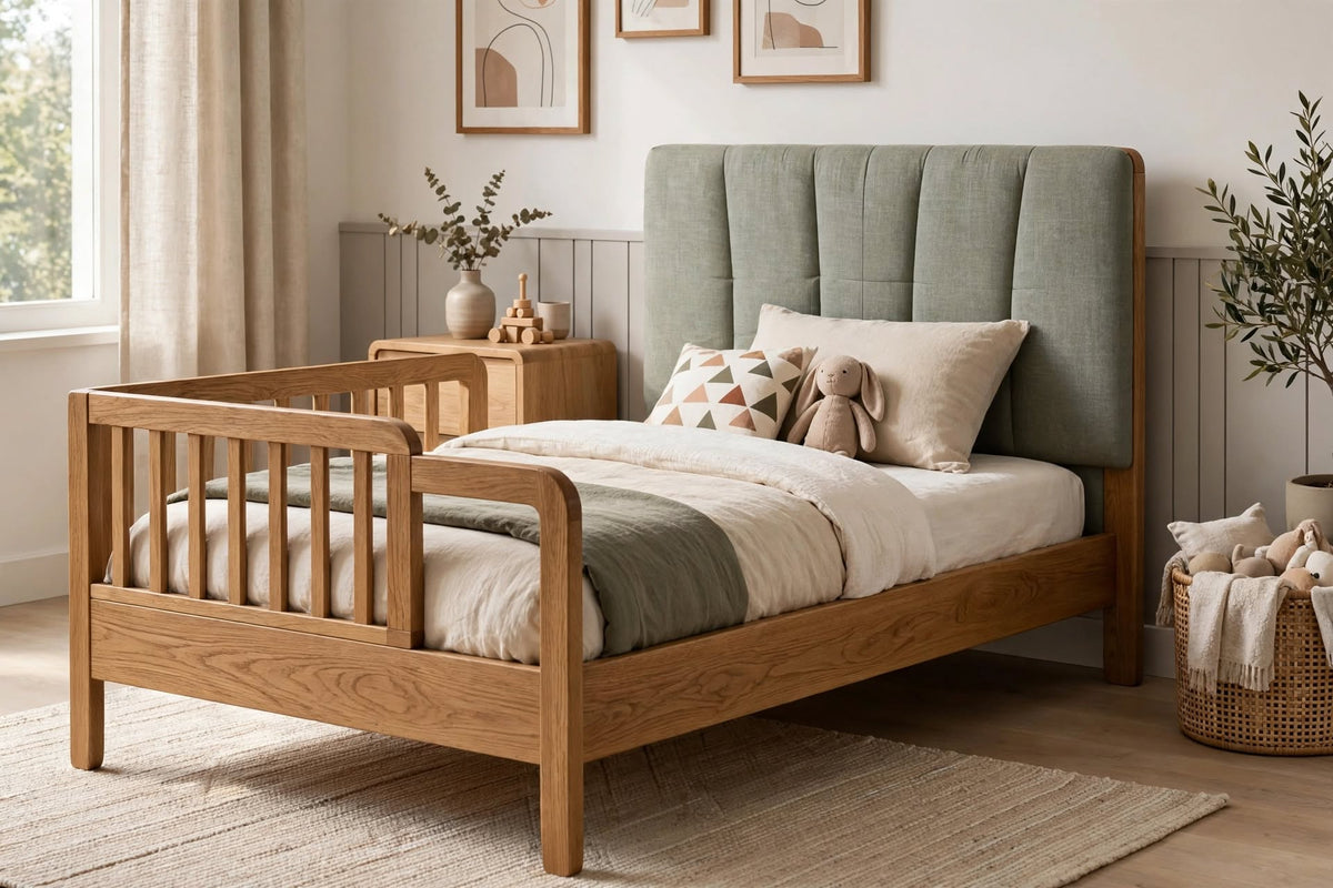 Children's Bed with Upholstered Headboard and Wooden Rails – handcrafted by Six Bros Crafts