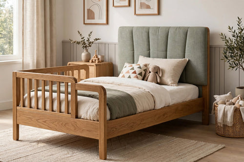 Children's Bed with Upholstered Headboard and Wooden Rails – handcrafted by Six Bros Crafts