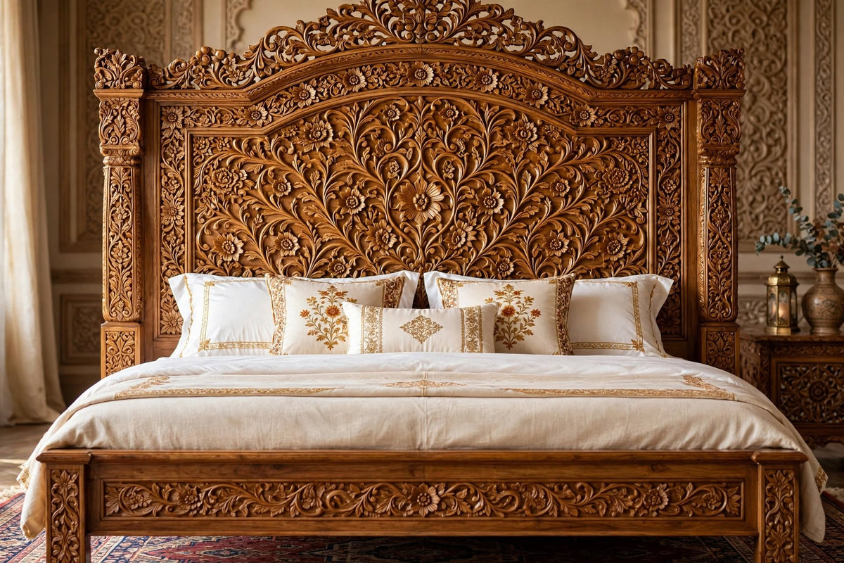 Ornate Floral Carved King Bed – handcrafted solid wood by Six Bros Crafts