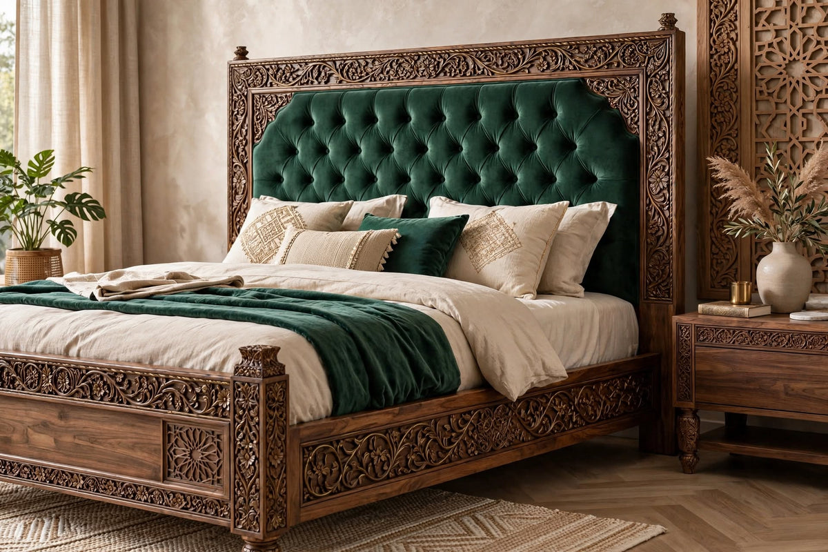 Emerald Upholstered Carved King Bed – handcrafted solid wood by Six Bros Crafts