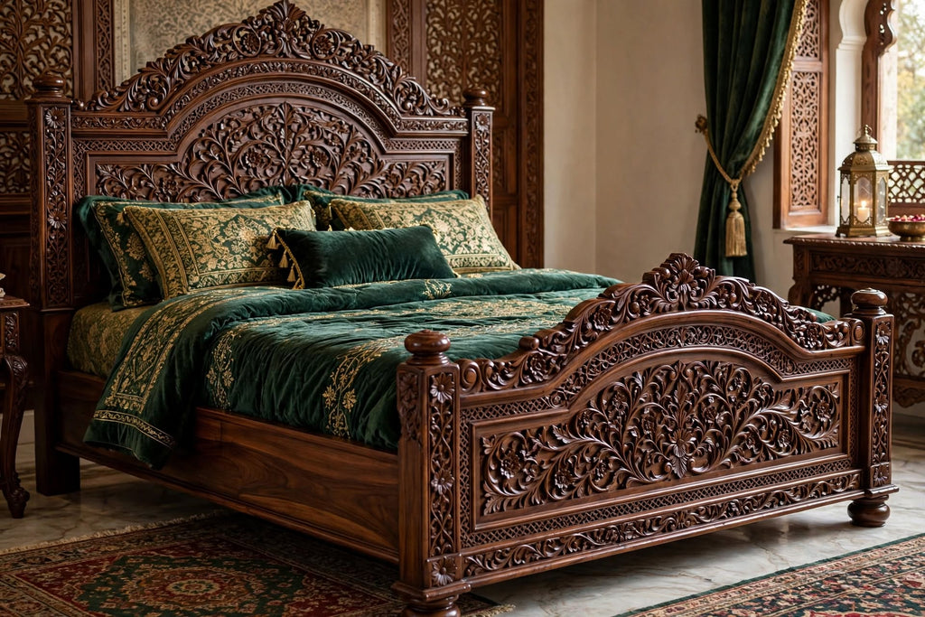 Emerald Floral Carved King Bed – part of The Emerald Bedroom Set by Six Bros Crafts