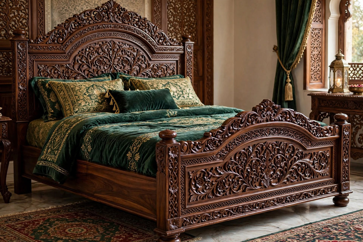 Emerald Floral Carved King Bed – part of The Emerald Bedroom Set by Six Bros Crafts