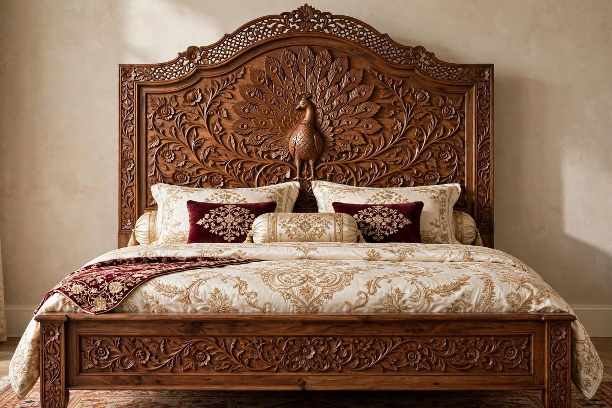 Peacock Carved King Bed – part of The Peacock Bedroom Set by Six Bros Crafts