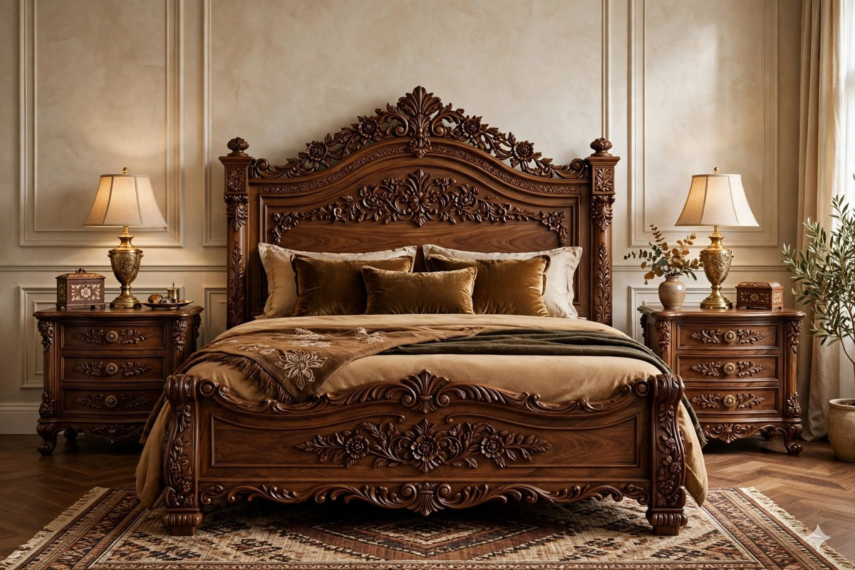 Classic Carved King Bed – handcrafted solid wood by Six Bros Crafts