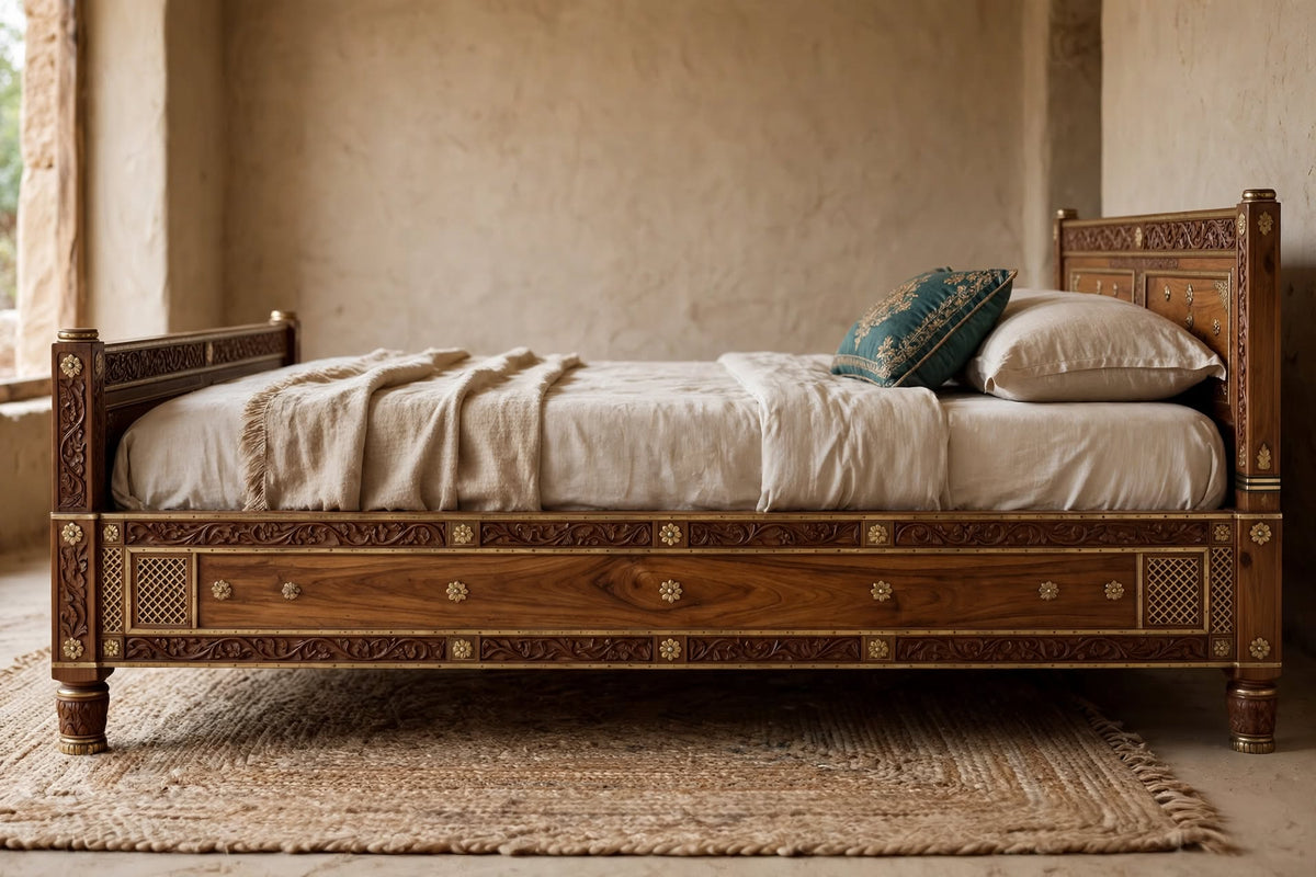 Low-Profile Carved King Bed – handcrafted solid wood by Six Bros Crafts