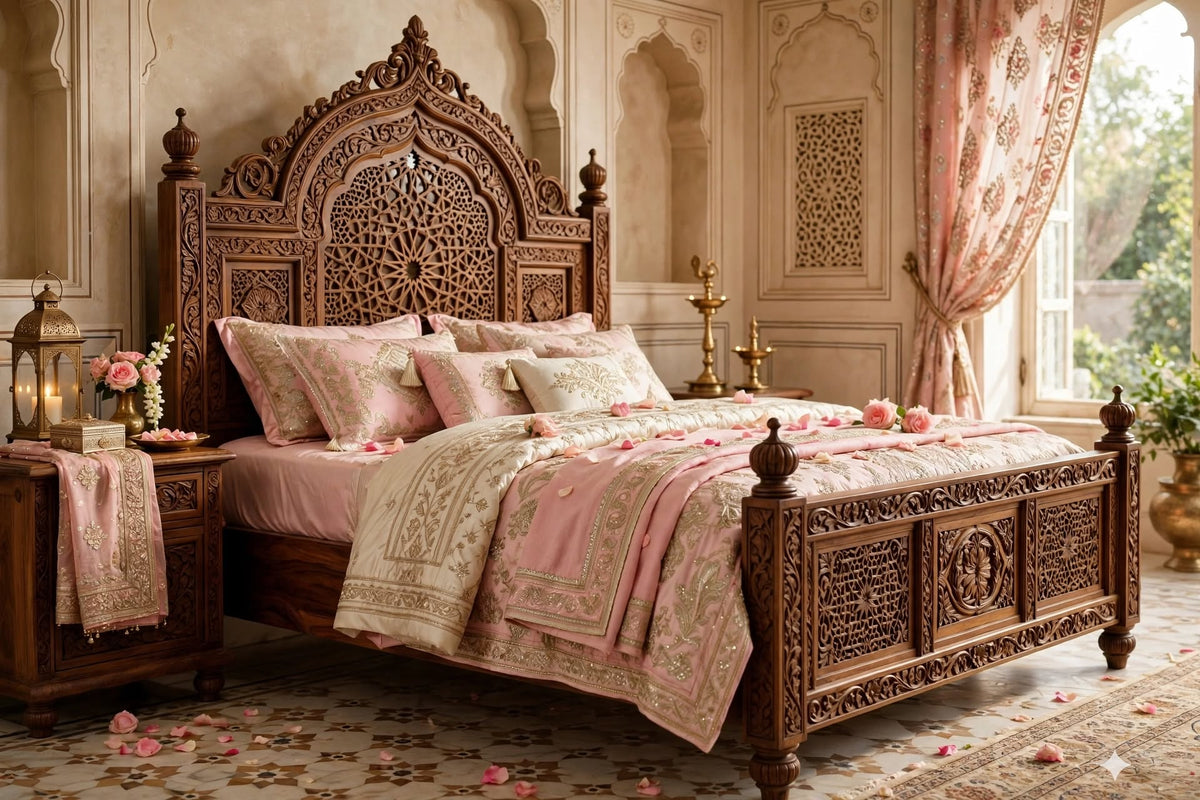 Blush Floral Lattice King Bed – handcrafted solid wood by Six Bros Crafts