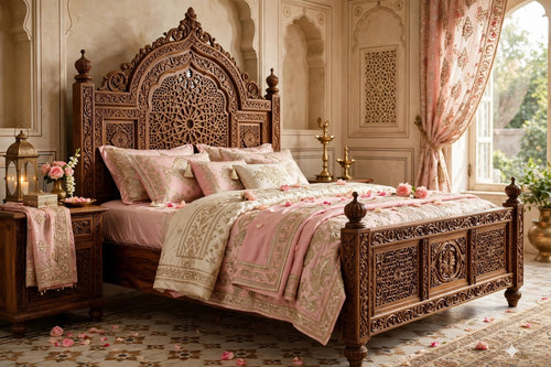 Blush Floral Lattice King Bed – handcrafted solid wood by Six Bros Crafts