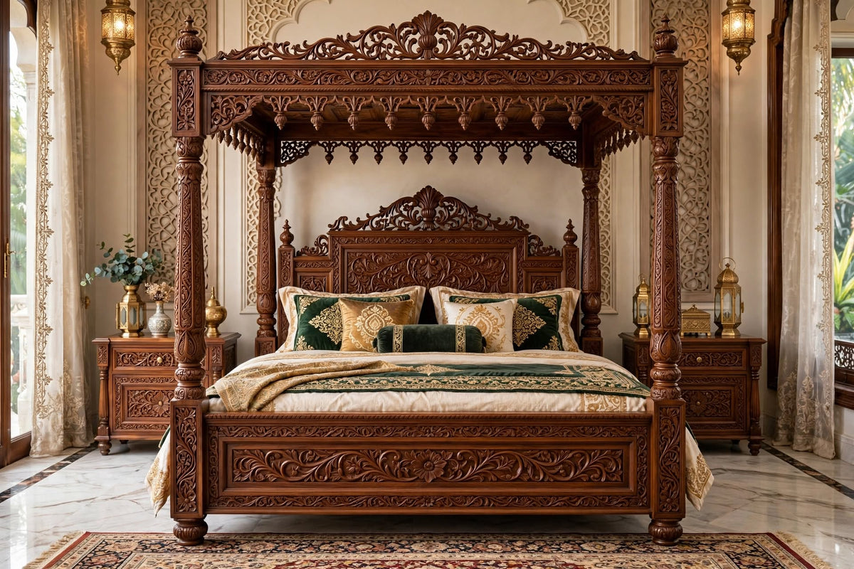 Carved Four-Poster Canopy King Bed – handcrafted solid wood by Six Bros Crafts