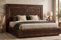 Geometric Lattice Carved Queen Bed – handcrafted solid wood by Six Bros Crafts