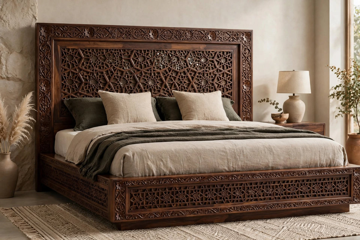 Geometric Lattice Carved Queen Bed – handcrafted solid wood by Six Bros Crafts