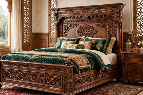 Chiniot Medallion Carved Queen Bed – handcrafted solid wood by Six Bros Crafts