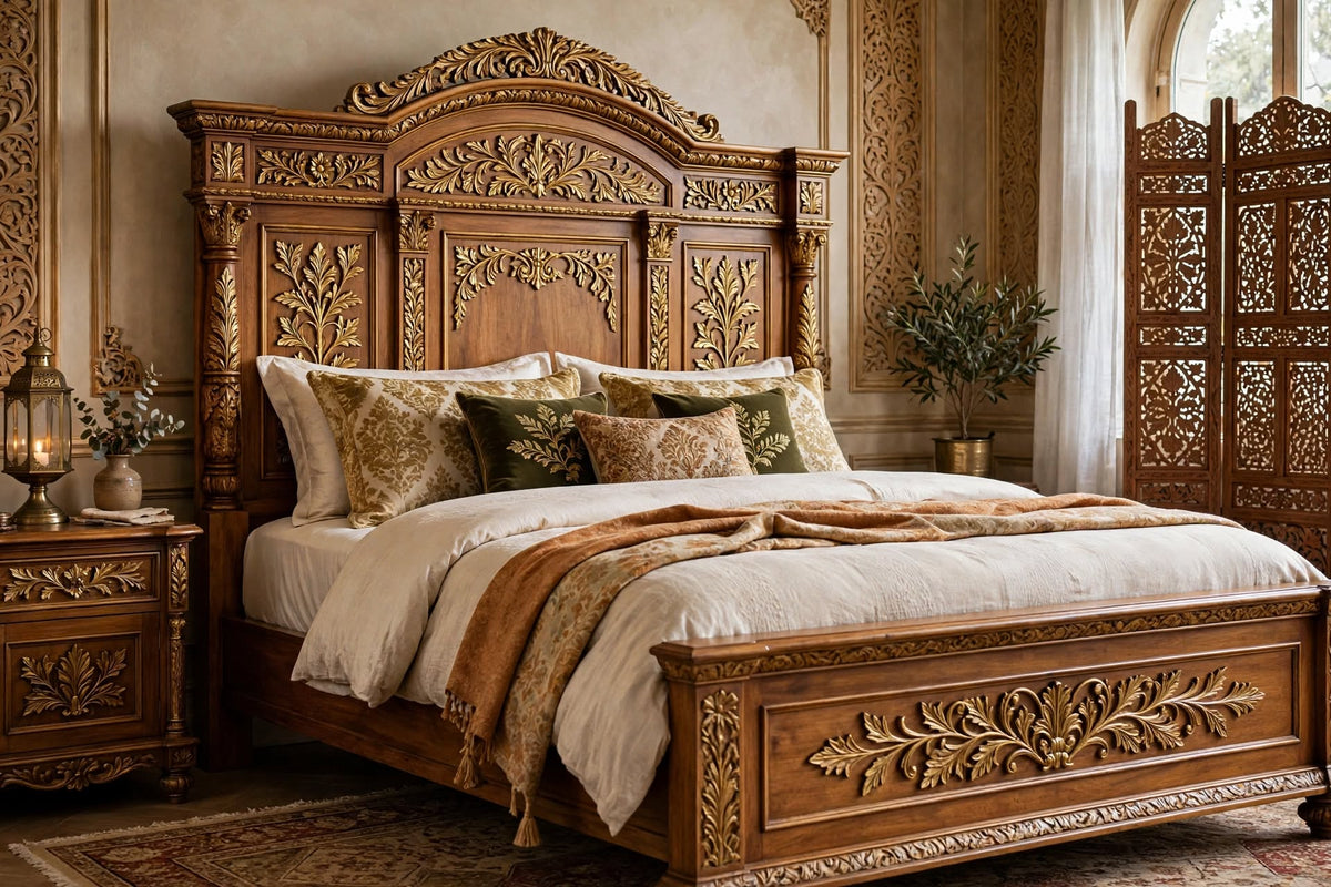 Royal Floral Carved Queen Bed – handcrafted solid wood by Six Bros Crafts
