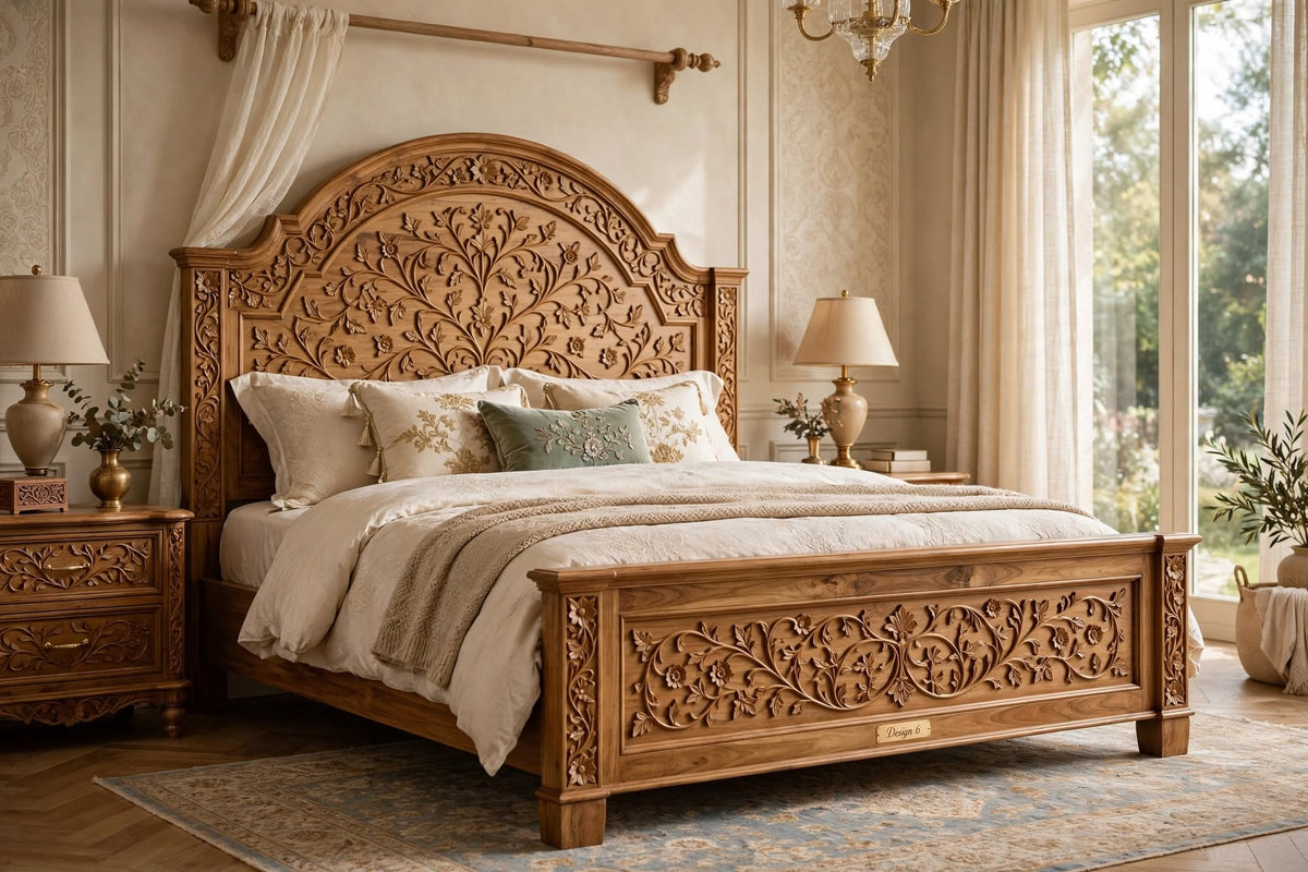 Arched Botanical Carved Queen Bed – handcrafted solid wood by Six Bros Crafts