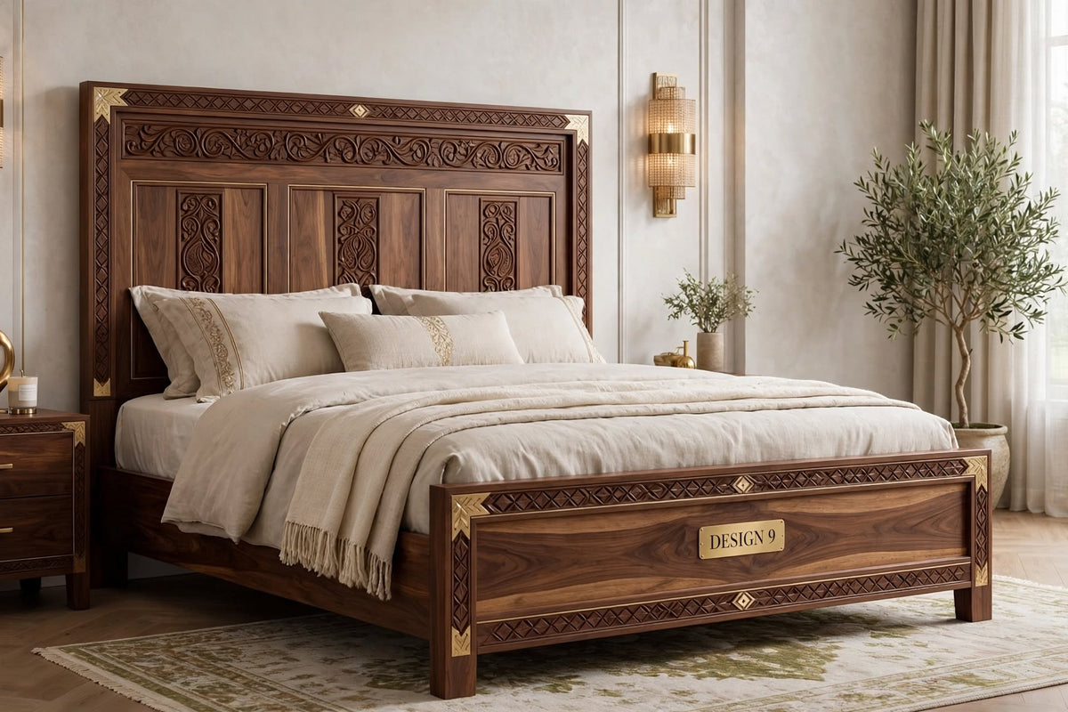 Classic Panel Carved Queen Bed – handcrafted solid wood by Six Bros Crafts