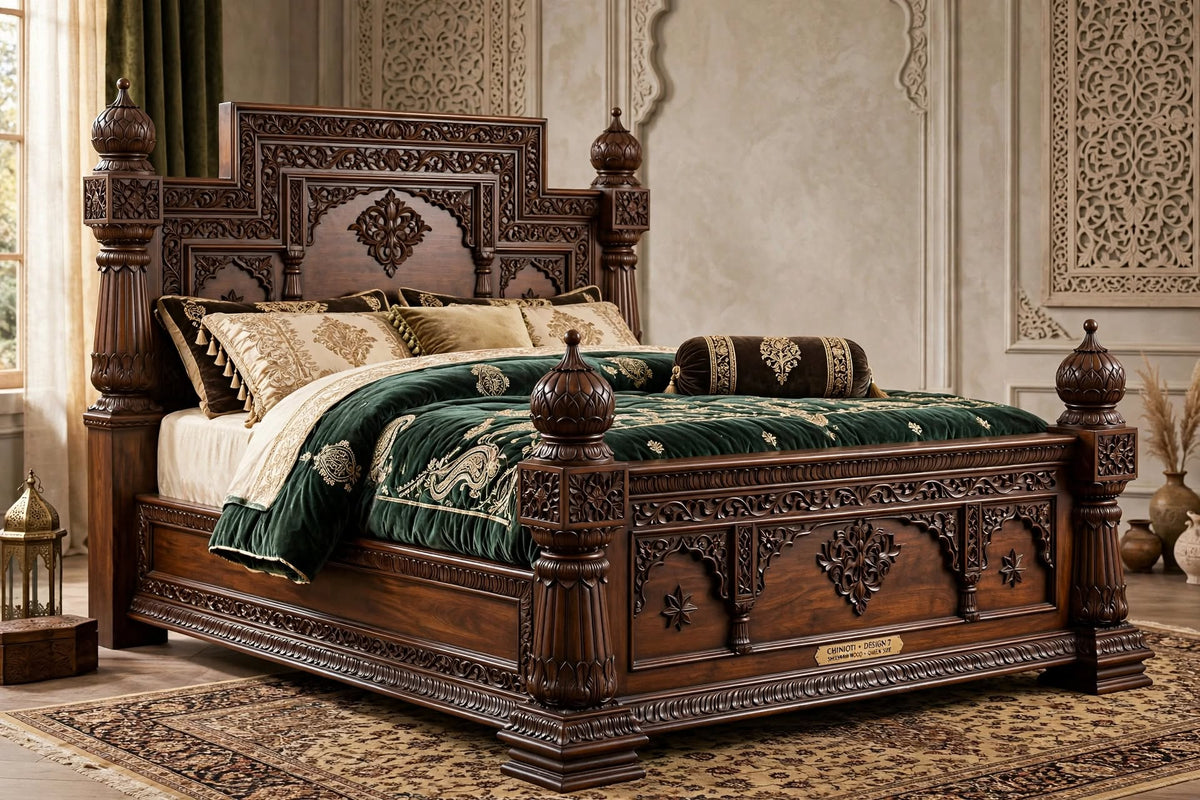 Imperial Finial Carved Queen Bed – handcrafted solid wood by Six Bros Crafts
