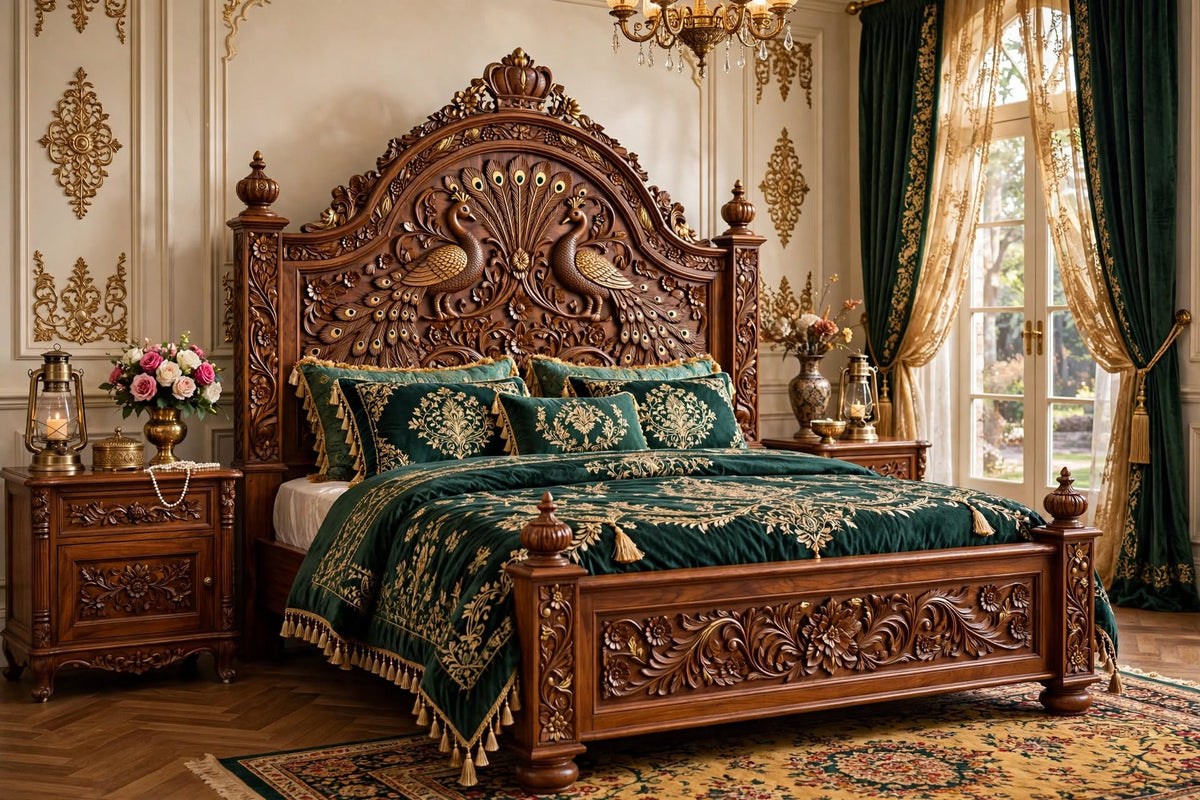 Royal Peacock Carved Queen Bed – handcrafted solid wood by Six Bros Crafts