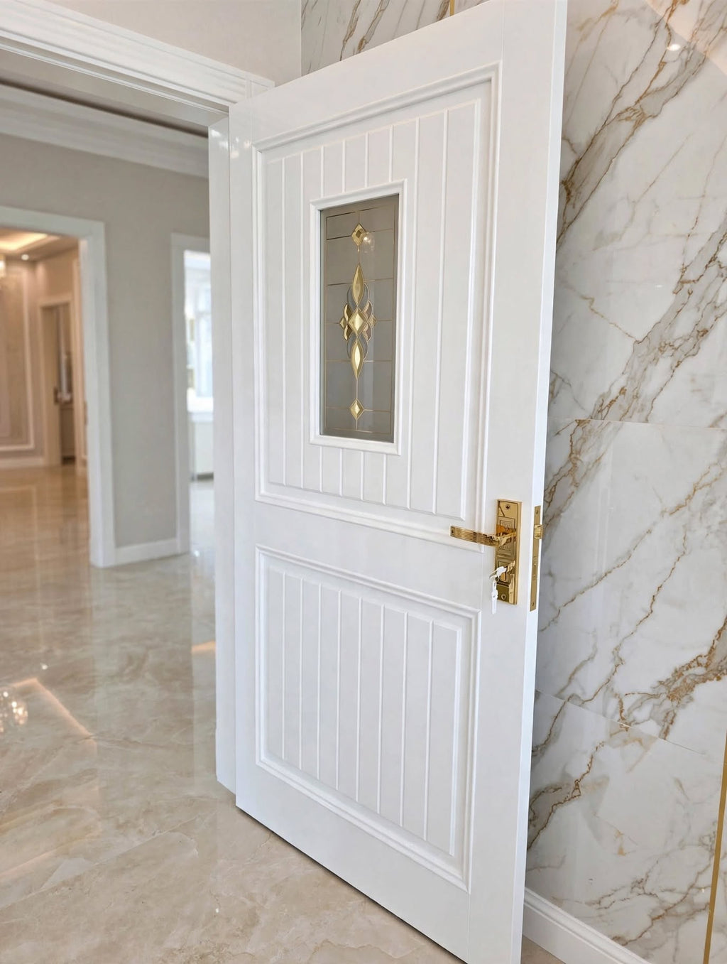 Ivory Carved Single Panel Deodar Door – additional view, handcrafted solid wood by Six Bros Crafts