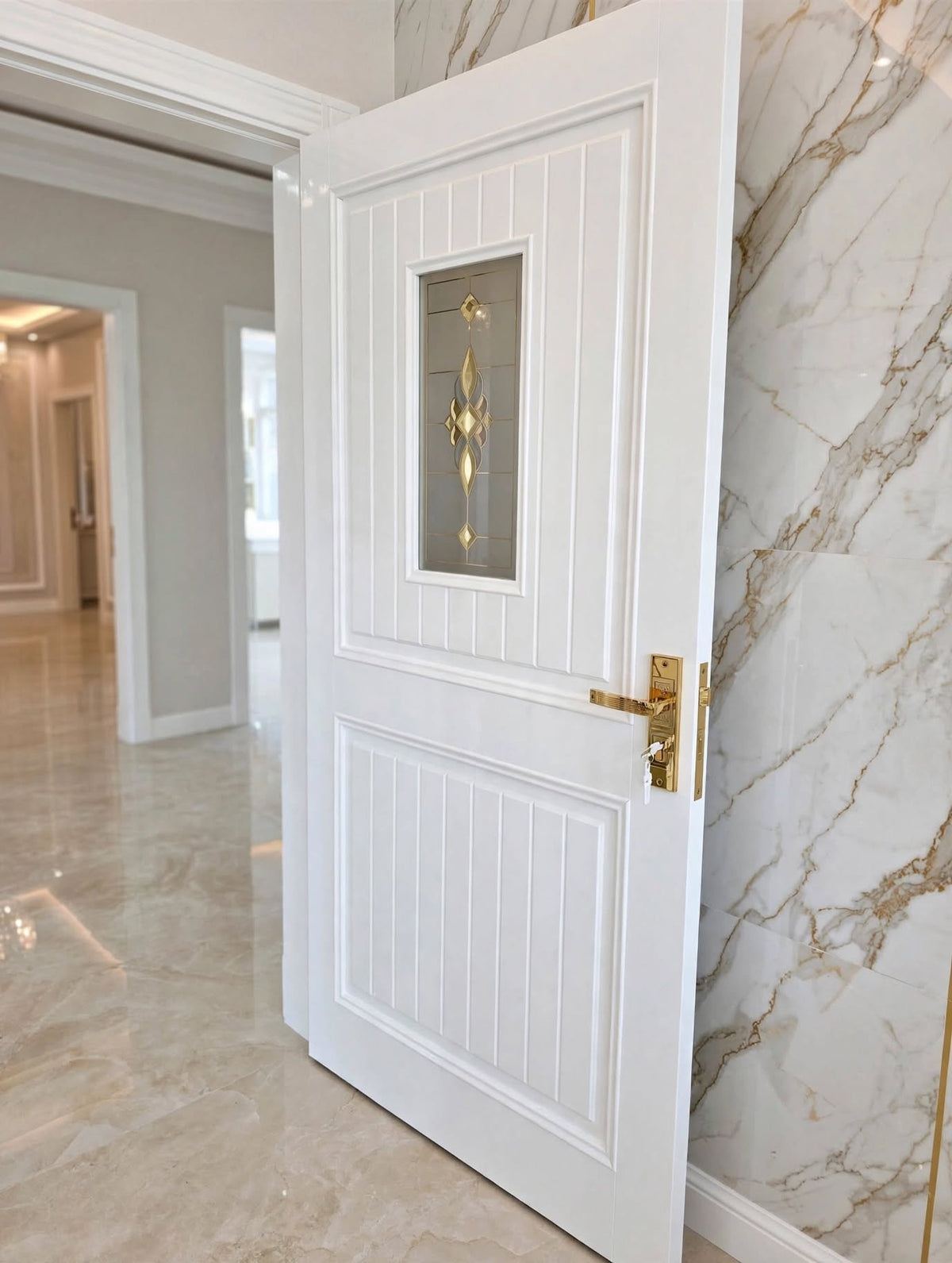 Ivory Carved Single Panel Deodar Door – additional view, handcrafted solid wood by Six Bros Crafts
